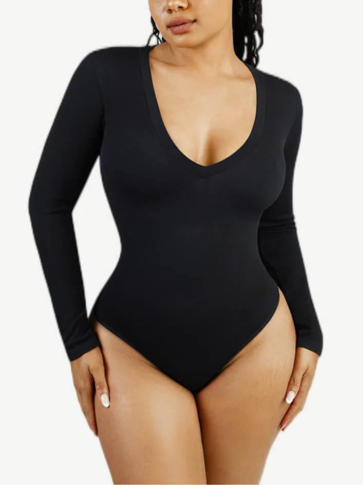V-Neck Seamless Sculpting Bodysuit – Long Sleeve & Waist Control