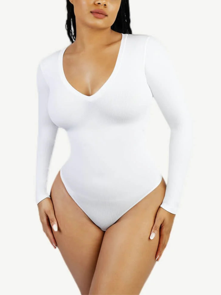 V-Neck Seamless Sculpting Bodysuit – Long Sleeve & Waist Control