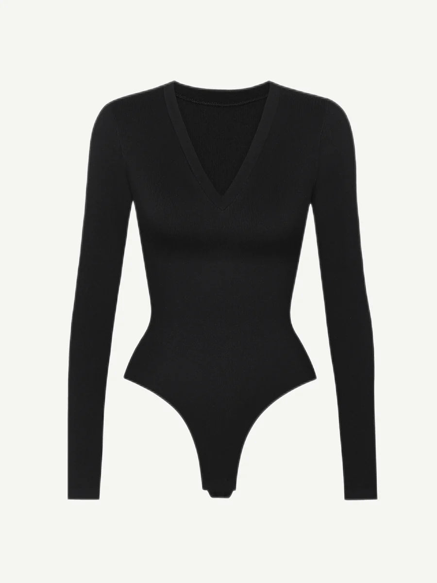 V-Neck Seamless Sculpting Bodysuit – Long Sleeve & Waist Control