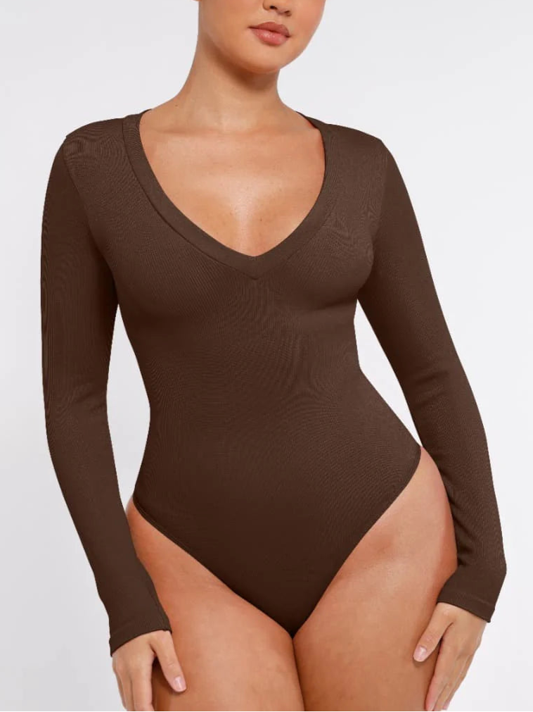 V-Neck Seamless Sculpting Bodysuit – Long Sleeve & Waist Control